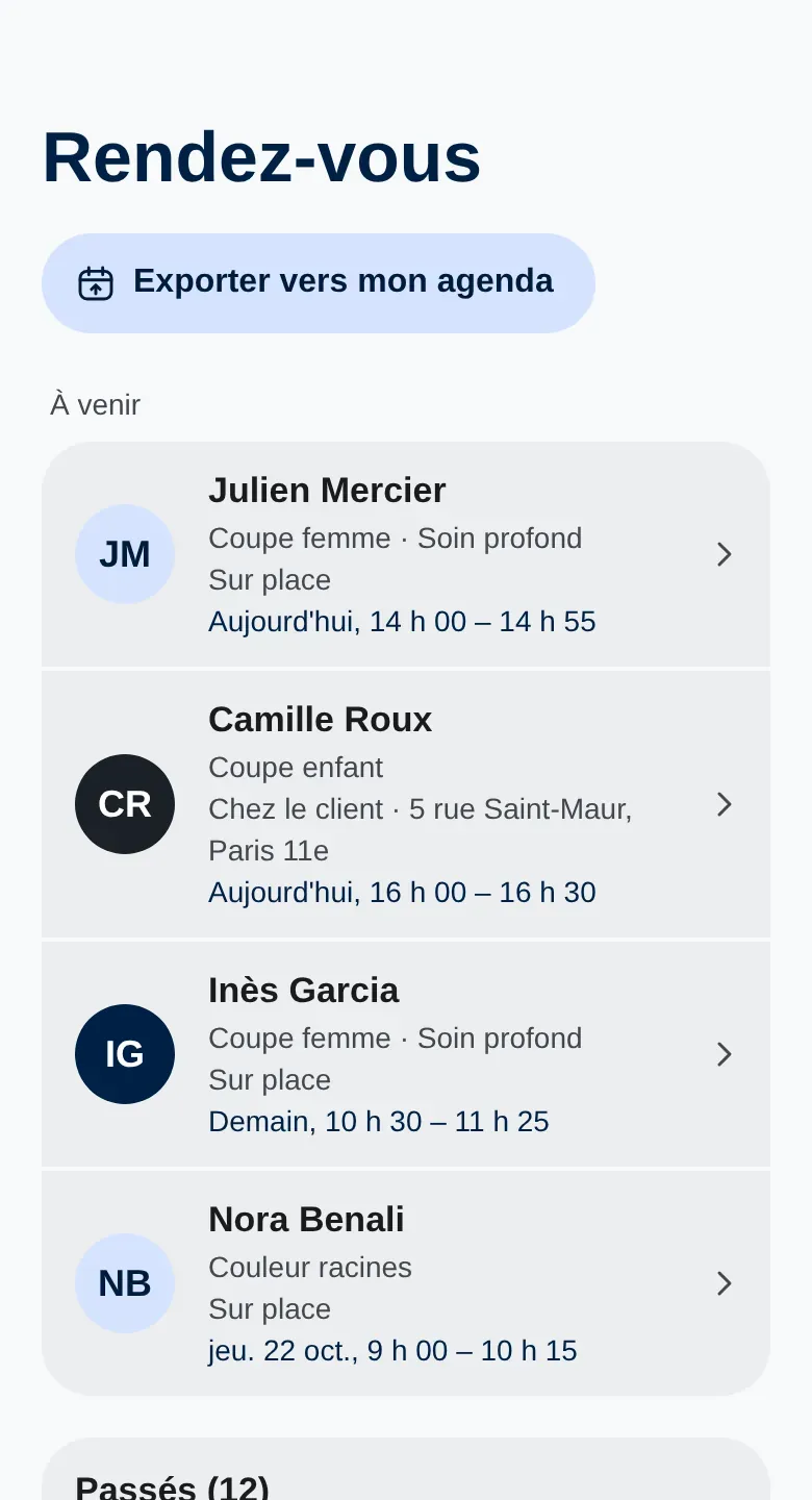 Écran Rendez-vous du professionnel : liste des rendez-vous à venir