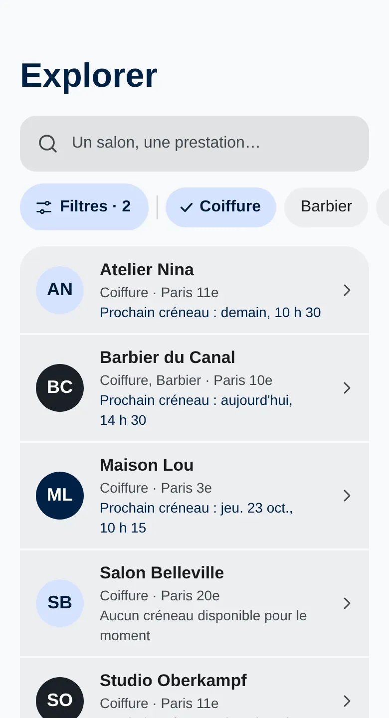 Écran Explorer de Kaïros : recherche et liste de professionnels avec leur prochain créneau