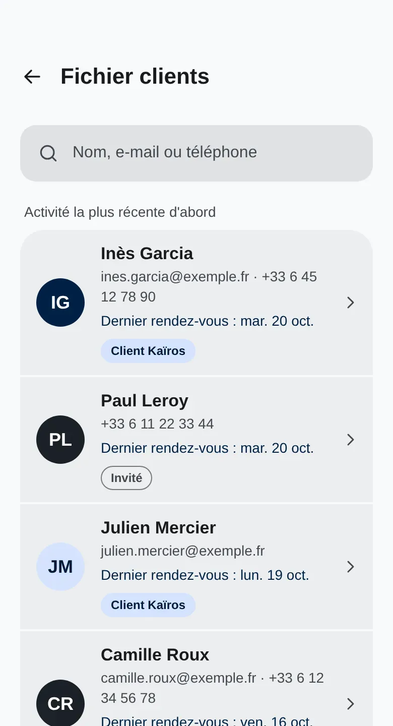 Écran Fichier clients : liste des clients et des invités
