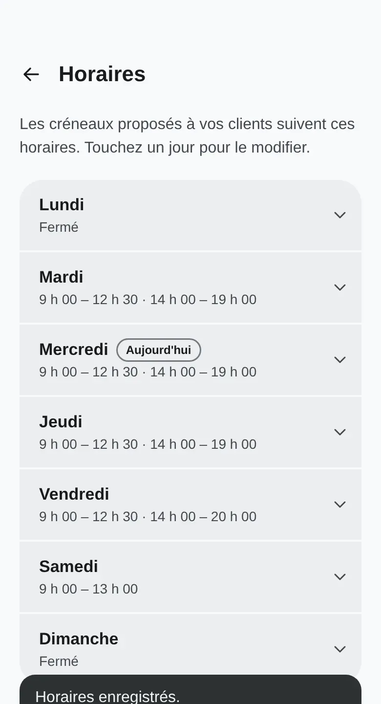 Écran Horaires de la semaine