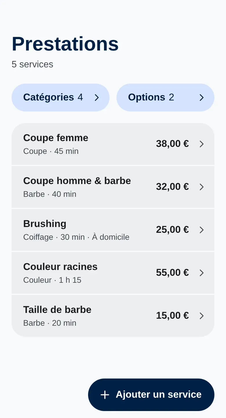 Écran Prestations du professionnel